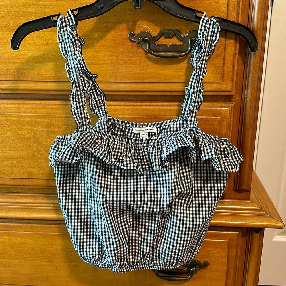 American Eagle, black plaid ruffle crop top